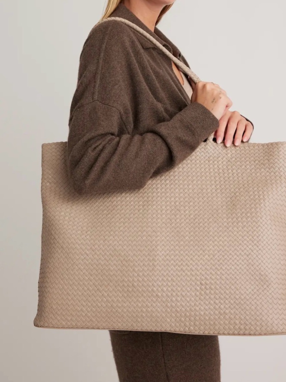 Quince Italian Leather Woven Tote Bag in Taupe - Picture 3 of 15